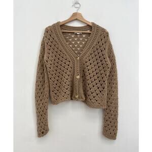 VINCE. Crochet Open Knit Wool Cashmere Luxury Cardigan Amber Light FLAWS Medium